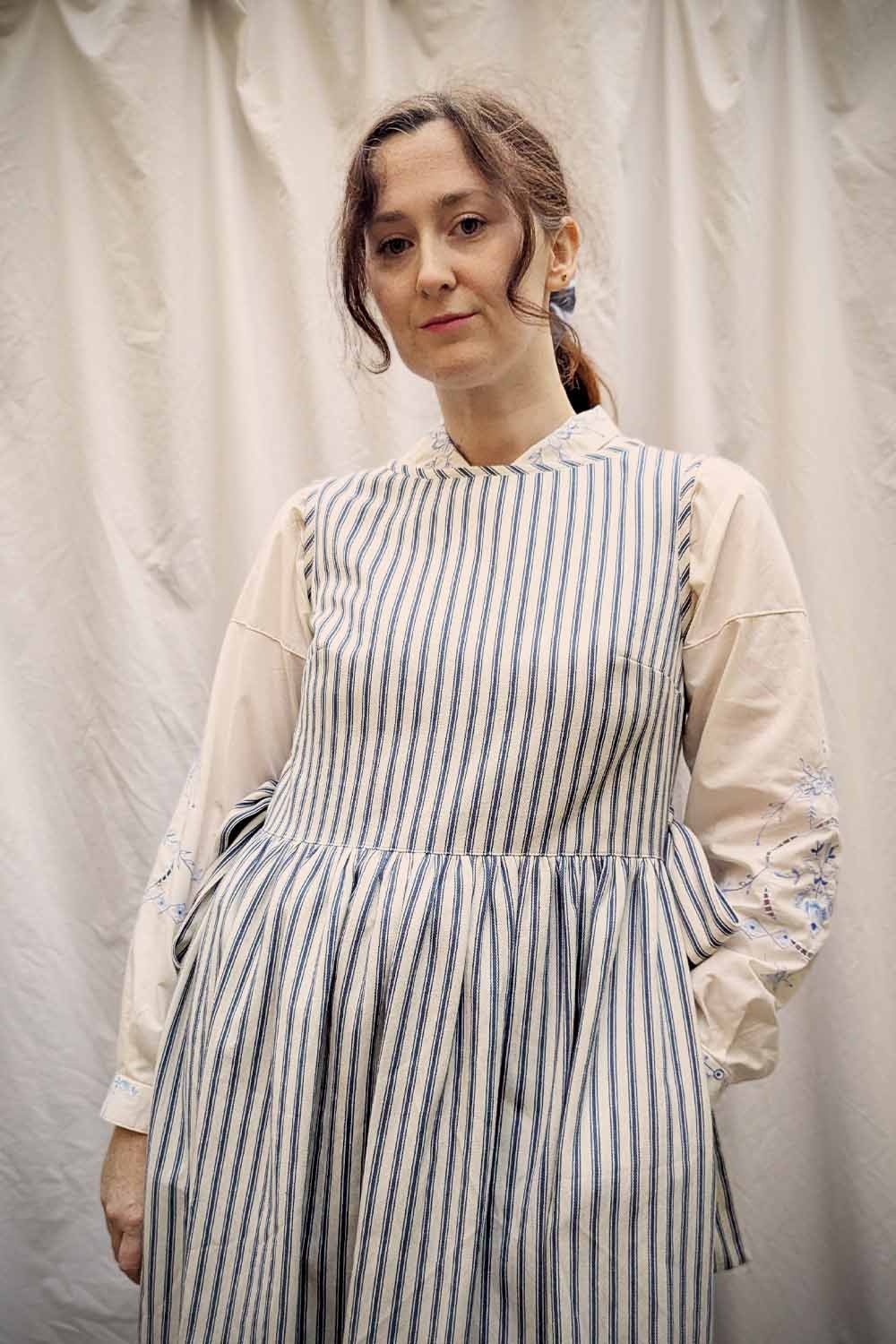 Vintage Ticking Stripe Pinafore Dress - Made in Britain - Daffodil